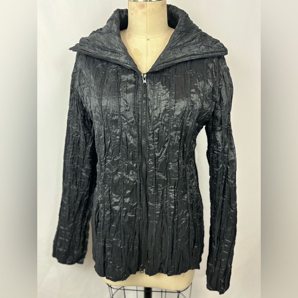 Vintage 90s Metallic Charcoal Futuristic Crinkle Funnel Neck Jacket Medium